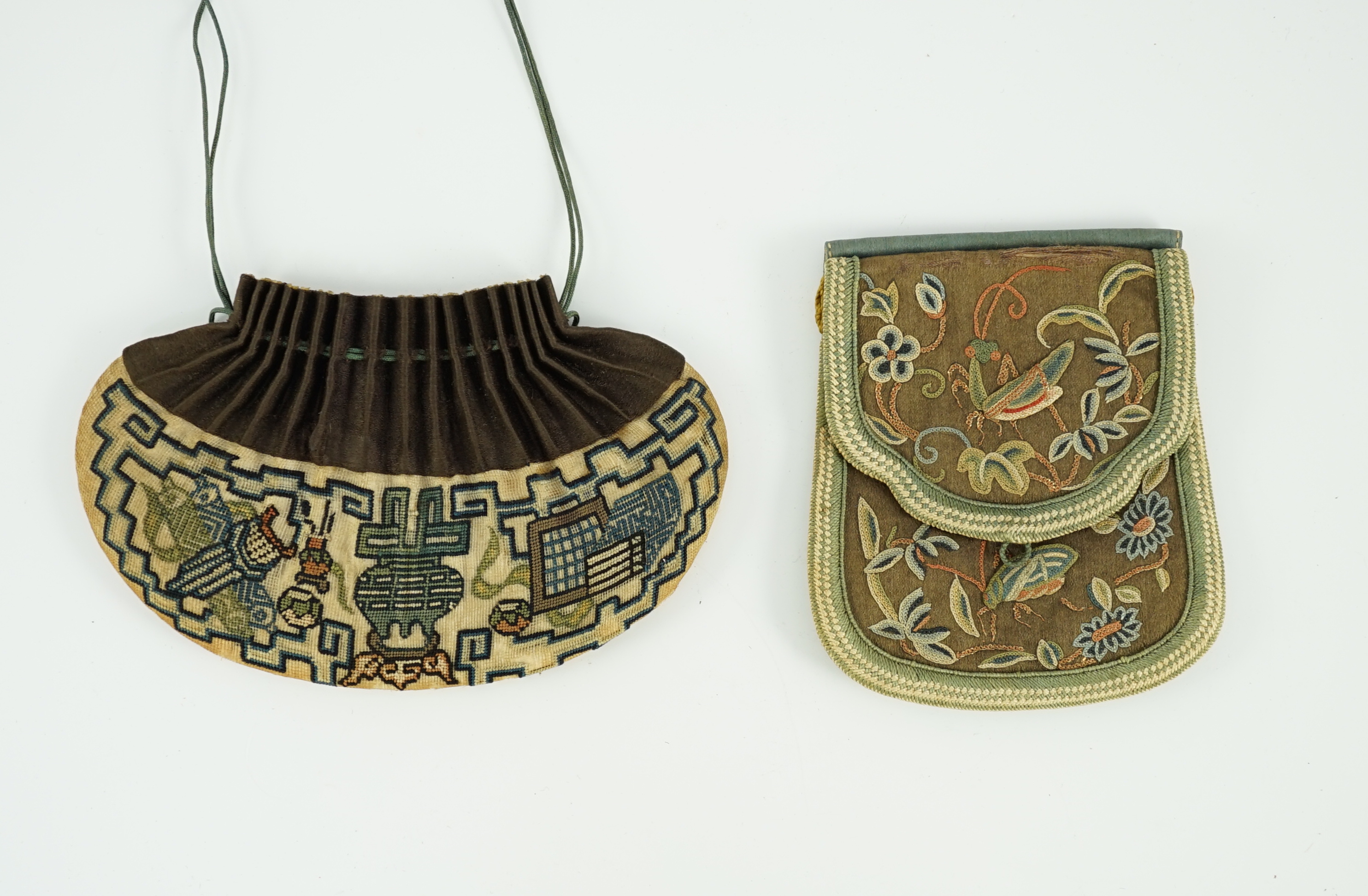 Two Chinese embroidered silk purses, 19th century